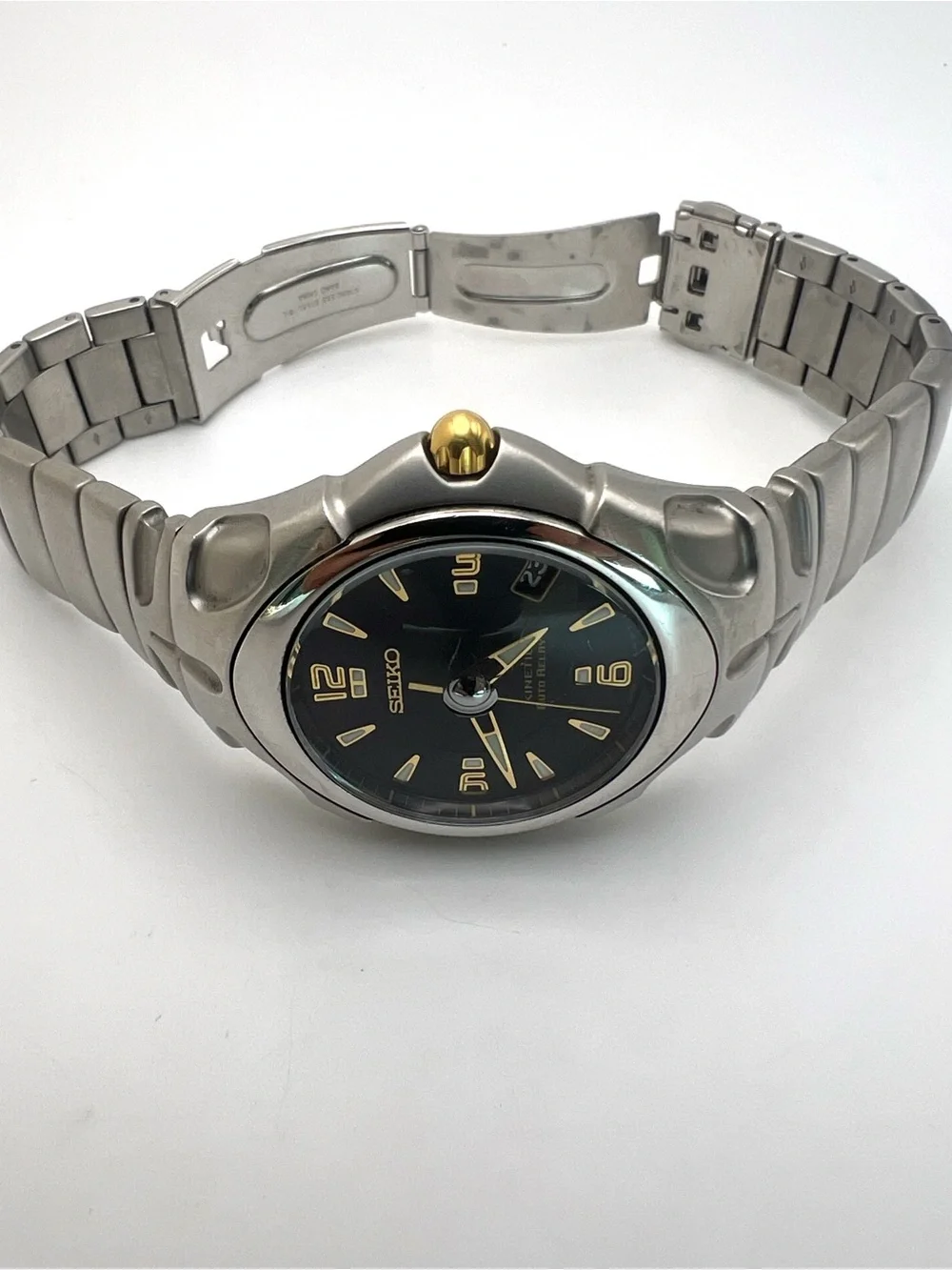 Seiko Kinetic Auto Relay Black Dial Stainless Steel Watch with Gold Accents